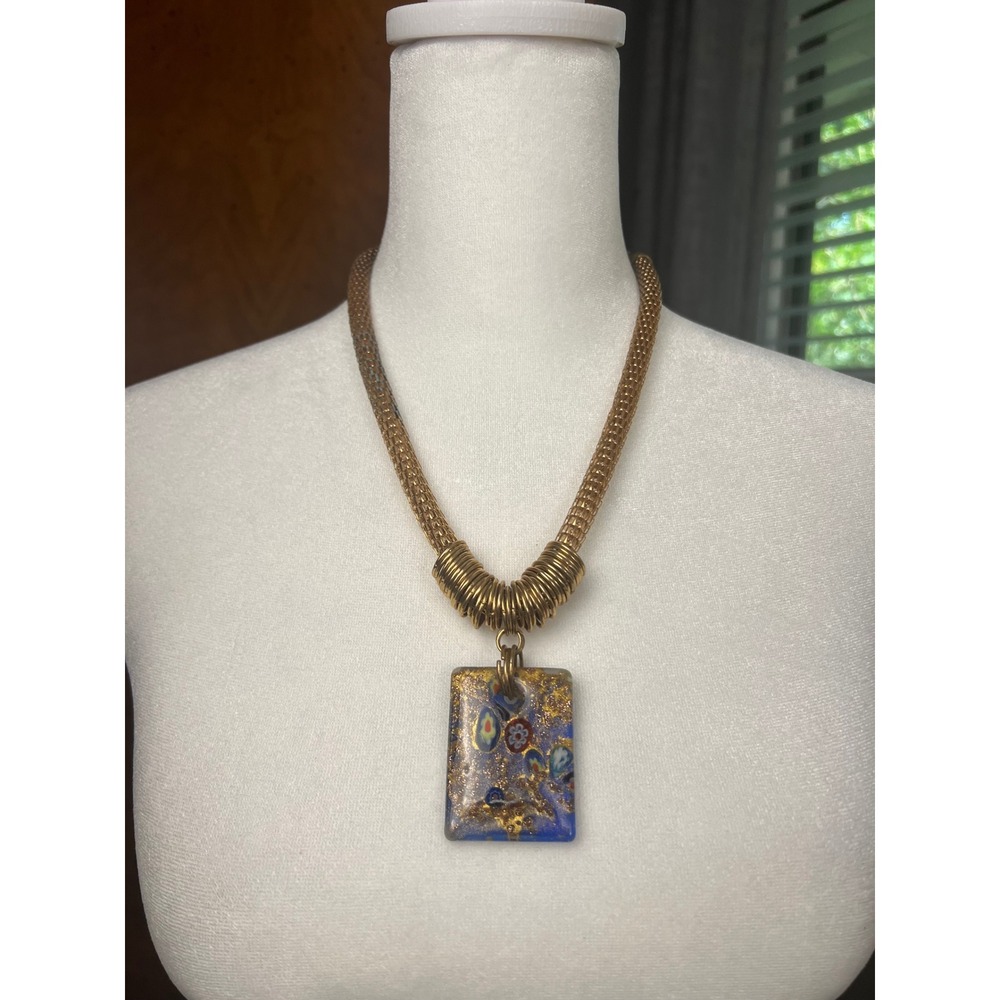 Vintage Millefiori Glass Pendant Necklace Gold Tone Mesh Chain Statement Blue